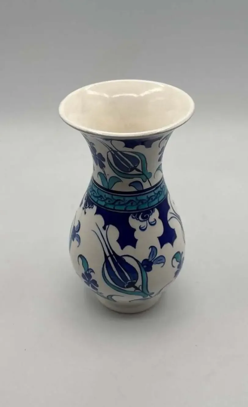 Hand Painted Turkish Ceramic Iznik Bud Vase Blue Floral Tulip Pattern